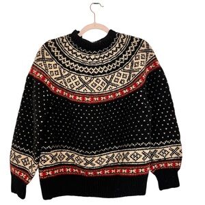 Vtg Knut Erichsen Hand Knitted in Norway Black Fair Isle 100% Wool Sweater Small
